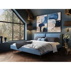 Lit East Side velours cotelé bleu 180x200cm><noscript><img width=